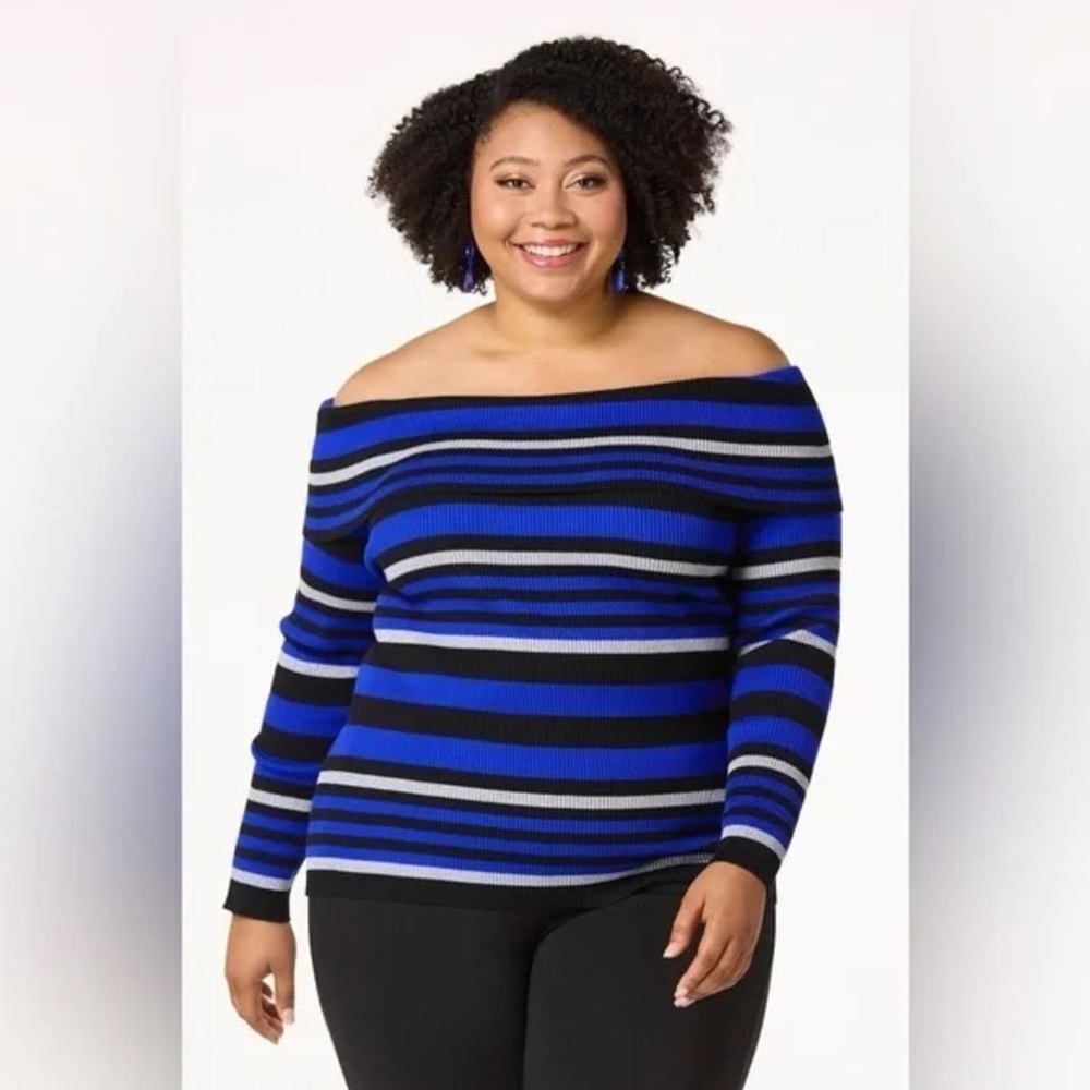 Cato | PLUS SIZE STRIPE OFF SHOULDER SWEATER ELECTRIC STORM